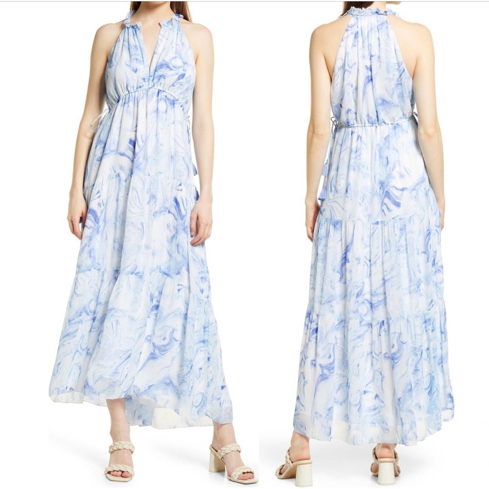 Saylor Annela Tiered Ruffle Marble Print Sleeveless Midi Dress White Blue M NWT